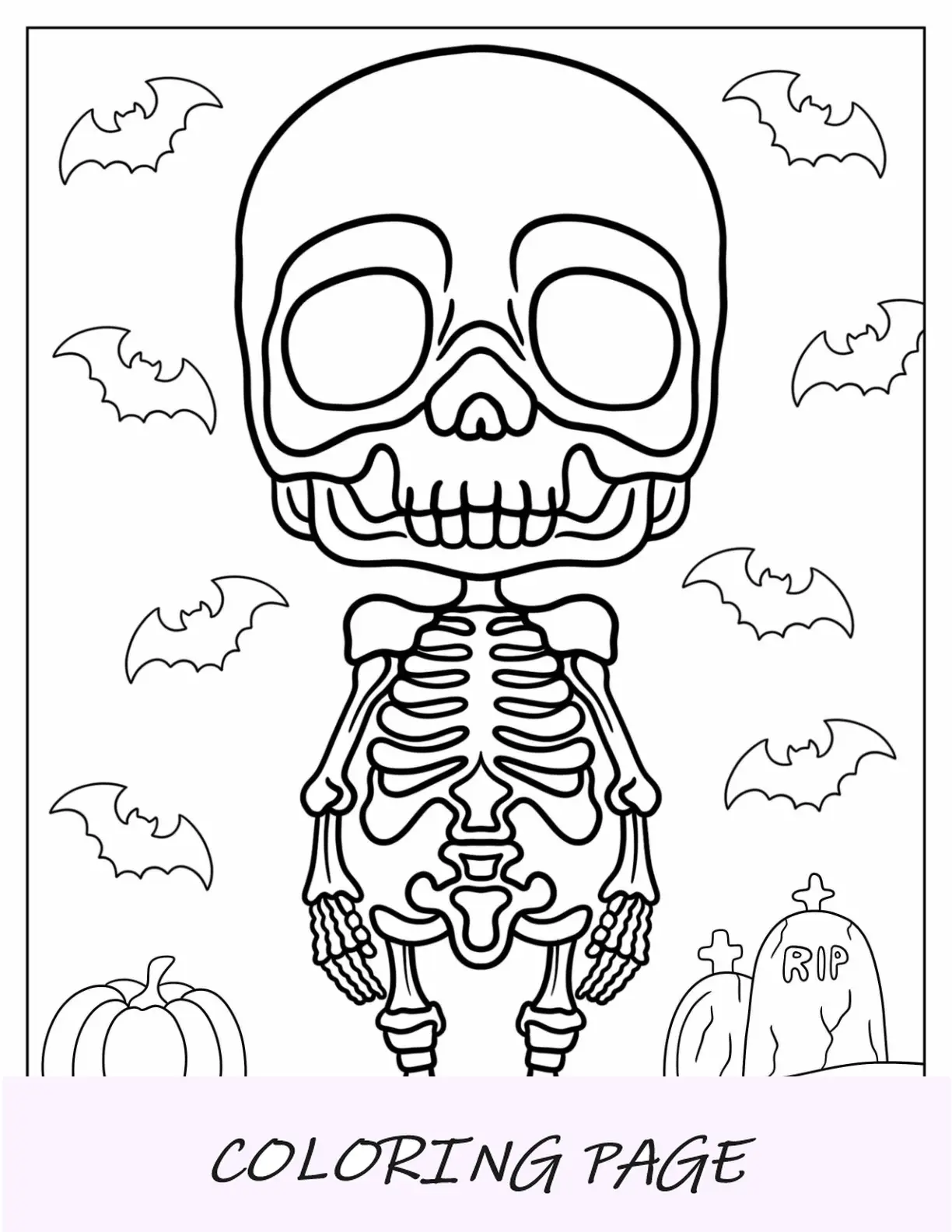 Página para colorir de esqueleto de Jack O Lantern com fantasma e morcego