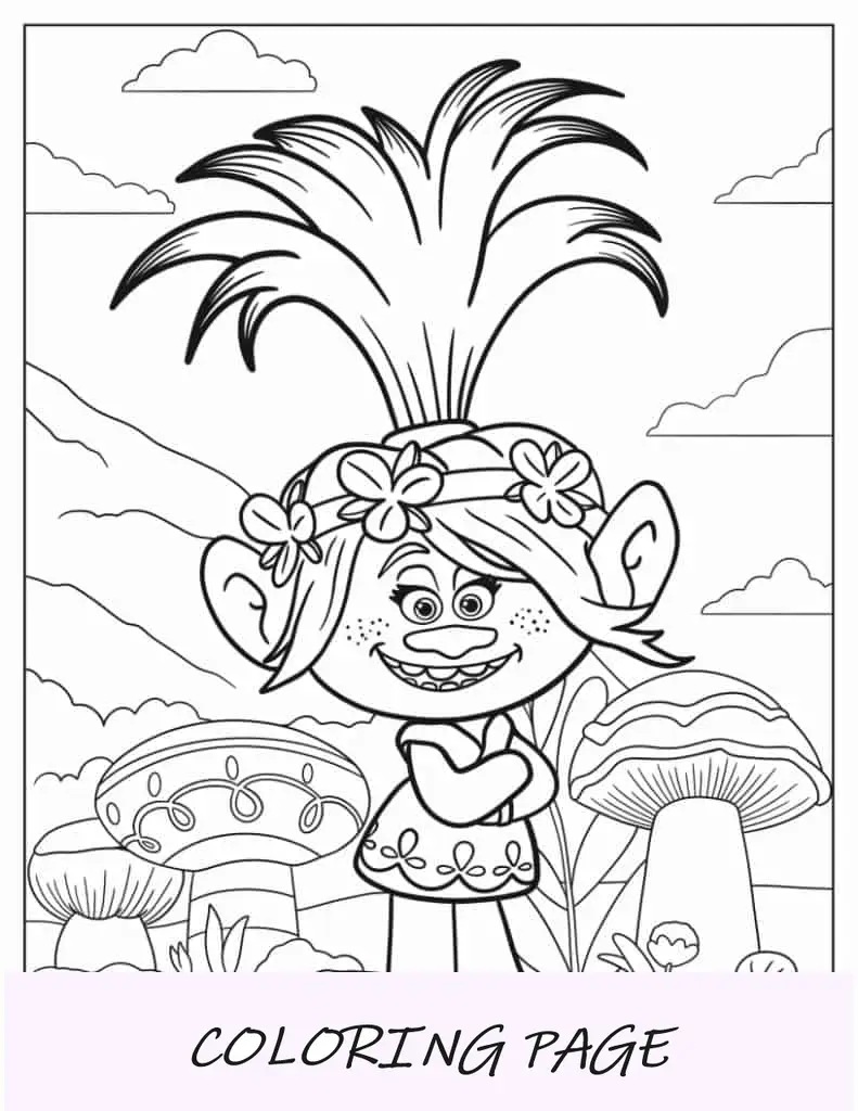 Folha para Colorir Princesa Poppy em pé no campo