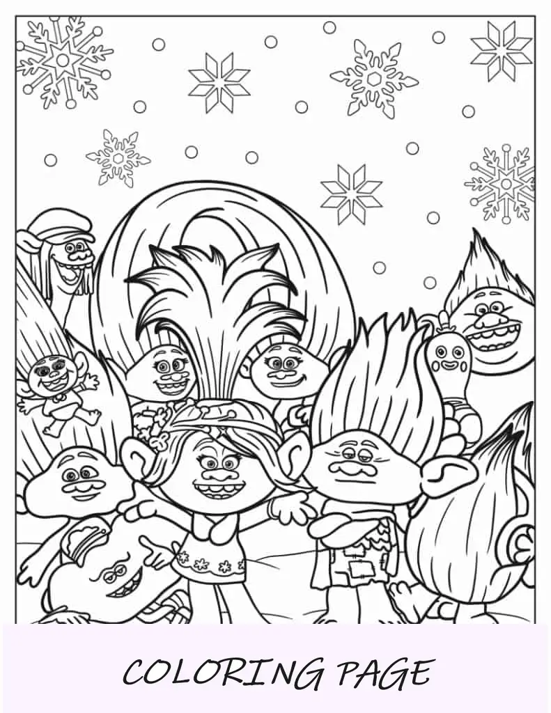 Página para colorir de Trolls com tema natalino
