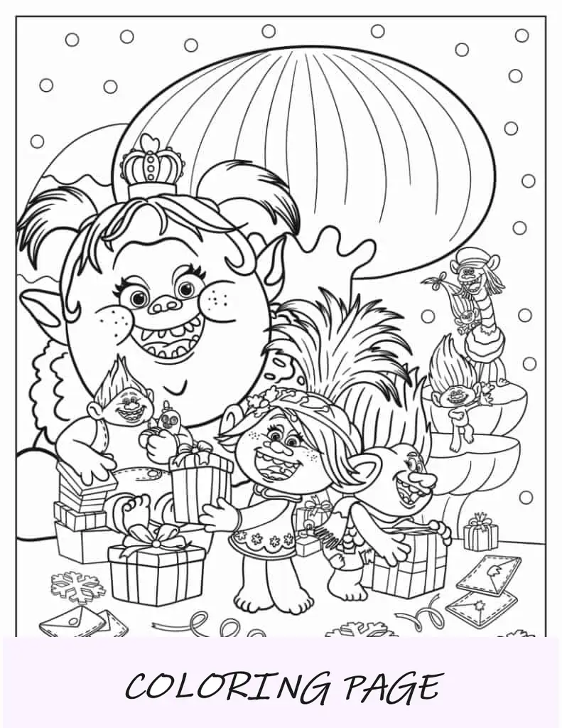 Amigos Poppy, Bridget e Troll abrindo presentes no Natal