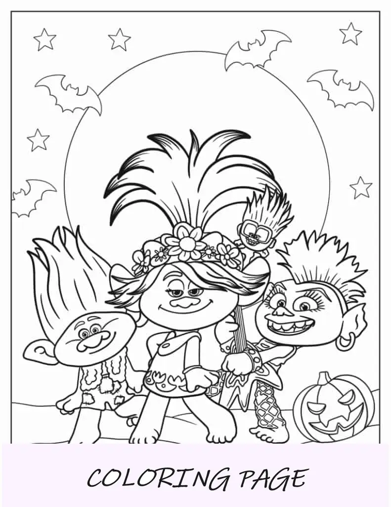 Personagens Troll dançando durante o Halloween para colorir
