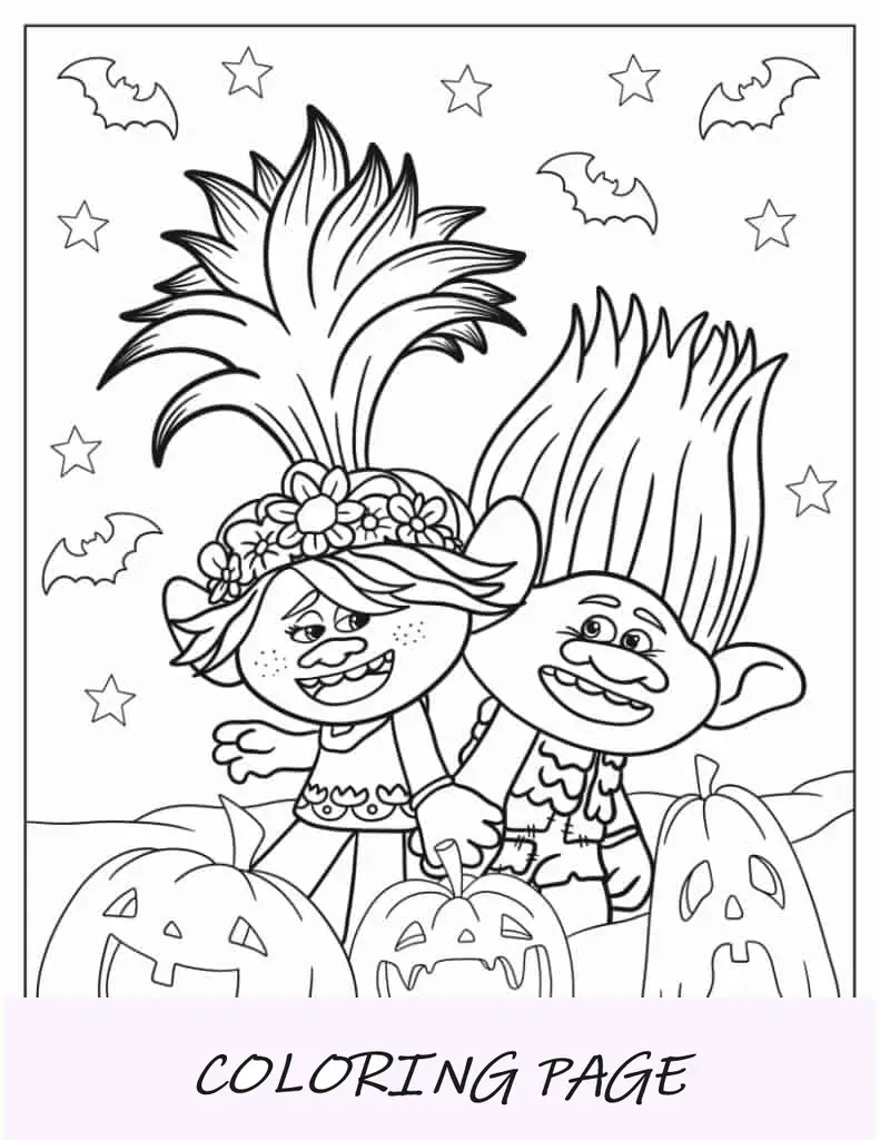 Página para colorir de Trolls com tema de Halloween