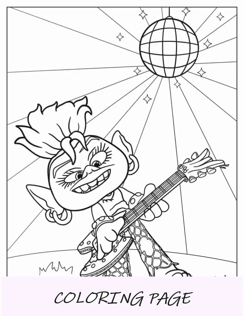 Desenho de Queen Barb Troll tocando guitarra durante a turnê mundial para colorir
