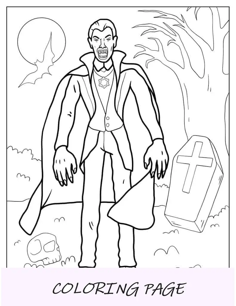 Página para colorir de vampiro durante o Halloween