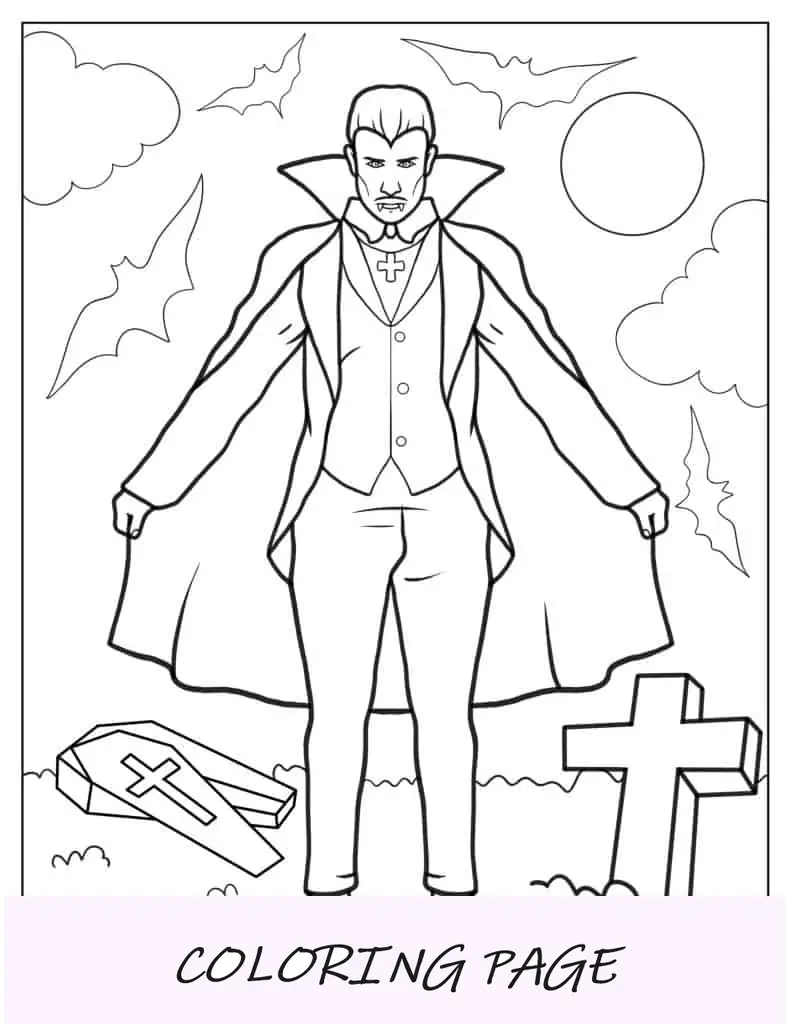 Vampiro com caixão e morcegos ao fundo