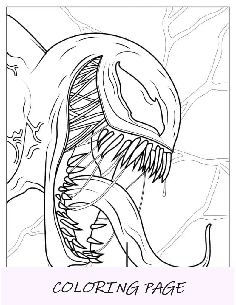 Cabeza de veneno con dientes afilados y lengua para colorear.