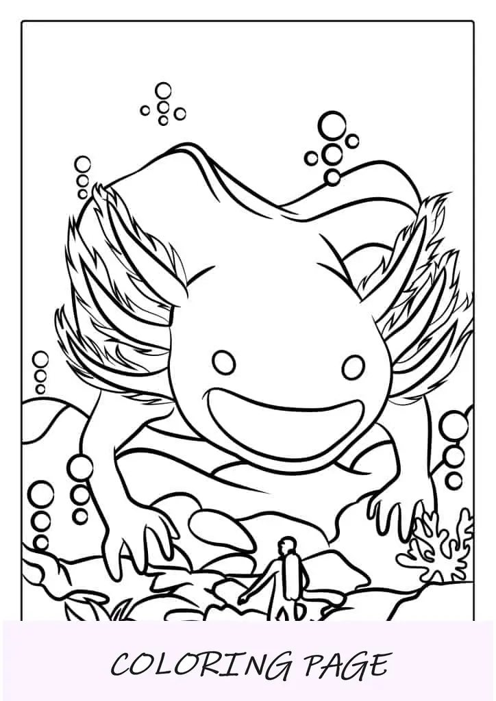 Página para colorir de Axolotl nadando em tanque