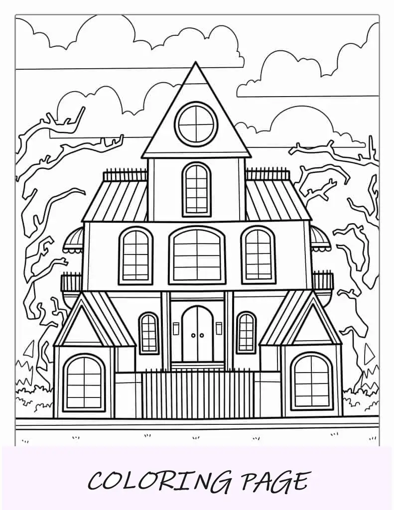 Página detalhada para colorir de casa assombrada para crianças