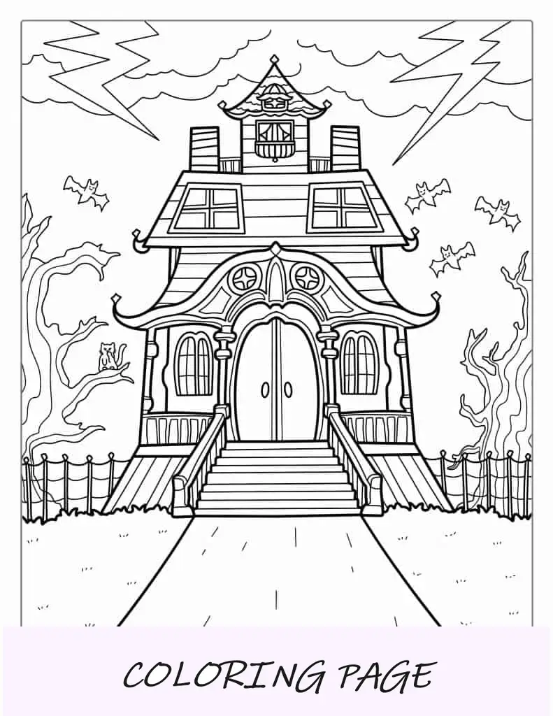 Folha para colorir de casa assombrada misteriosa para crianças