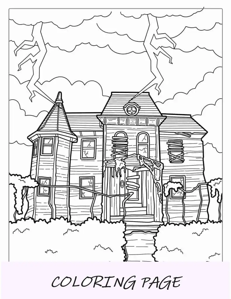 Grande mansão assombrada durante o Halloween para colorir