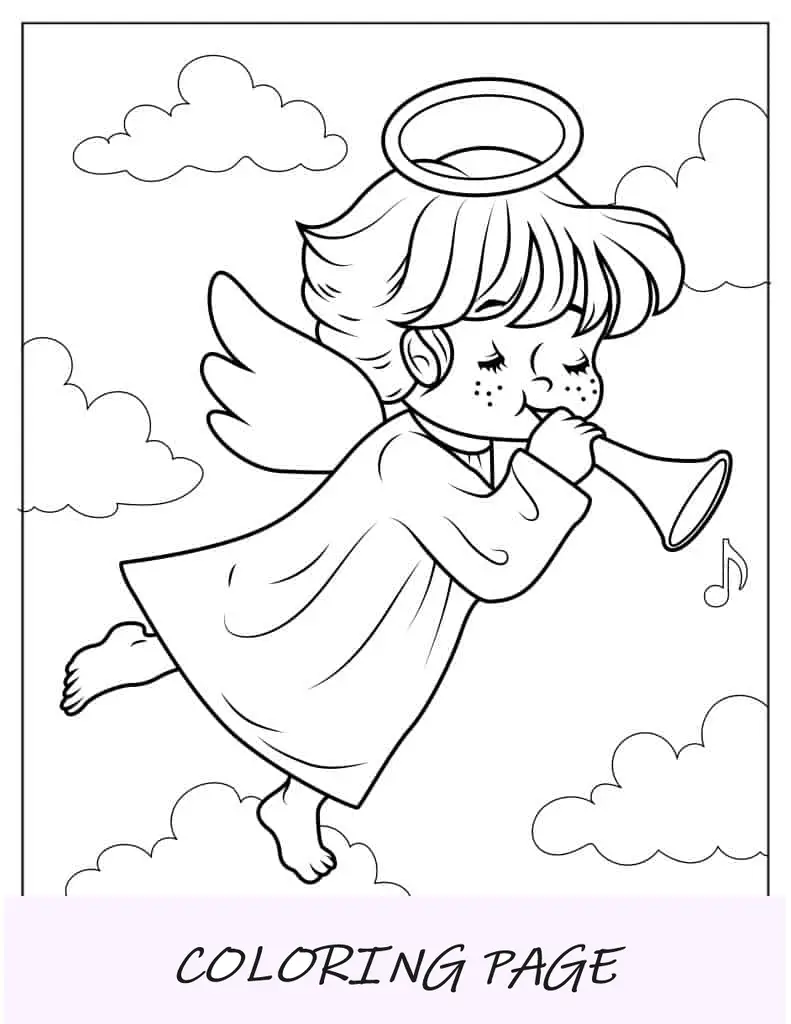 Niño ángel con túnica blanca tocando la trompeta