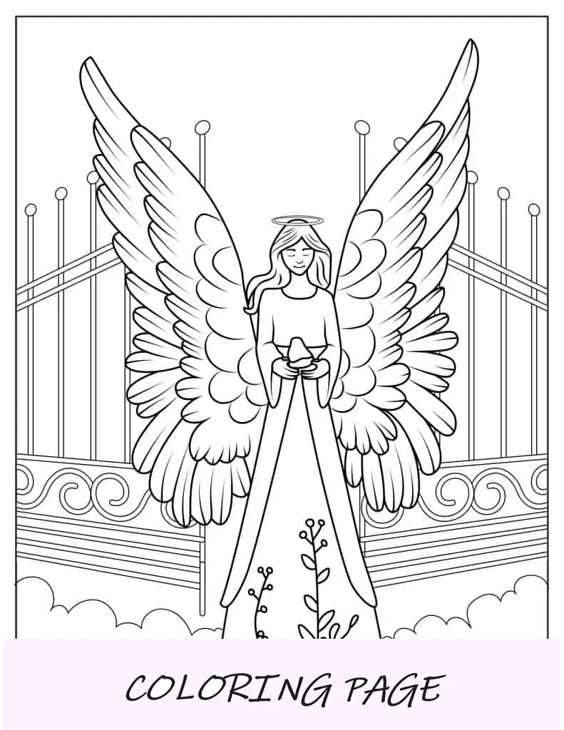 Ángel detallado en la puerta del cielo para colorear