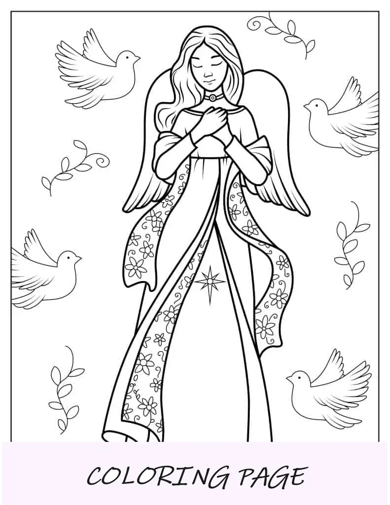 Dibujo De Angel Divino Con Palomas Para Colorear