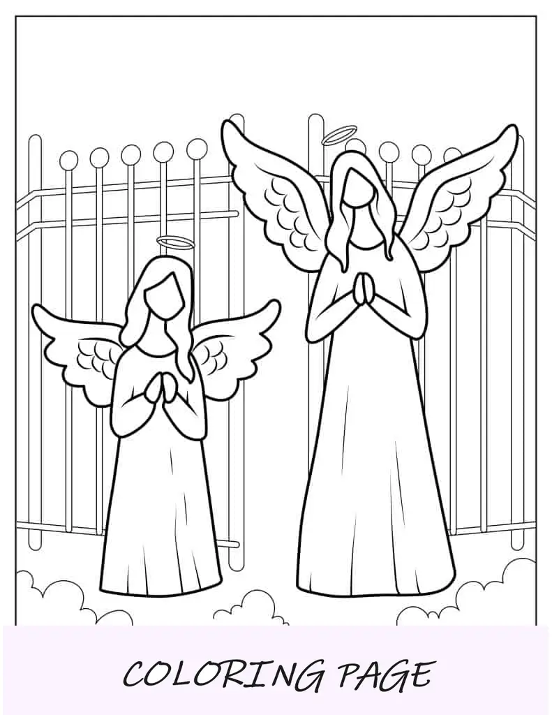 Fácil esquema de ángeles en el cielo para colorear.