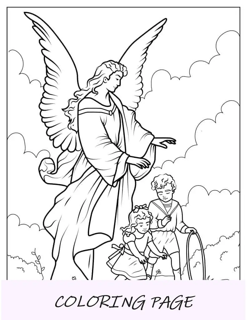 Ángel de la guarda protegiendo a los niños para colorear