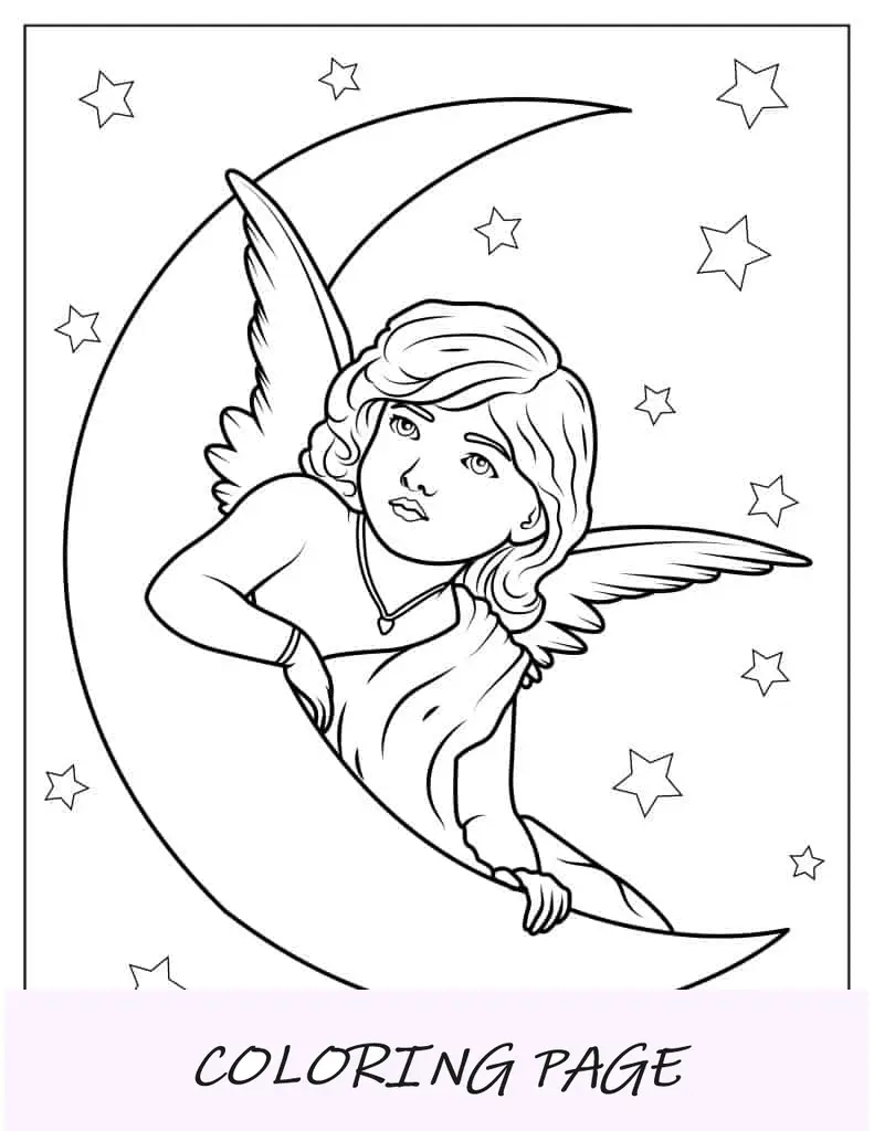 Ángel pacífico descansando sobre la luna creciente