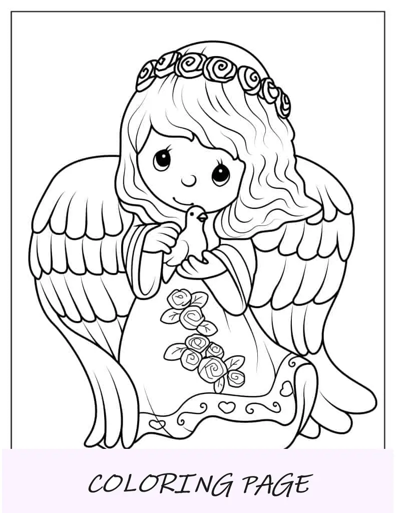 Adorable niña ángel sosteniendo una paloma para colorear