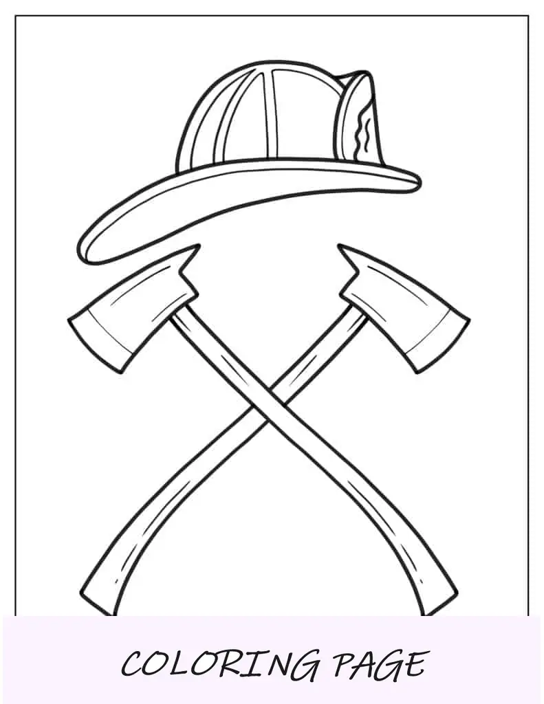 Capacete de bombeiro e machados para colorir