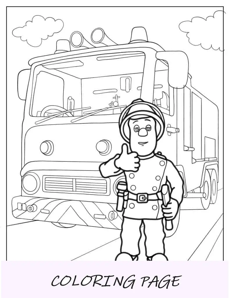 Folha para colorir Bombeiro na frente do caminhão de bombeiros