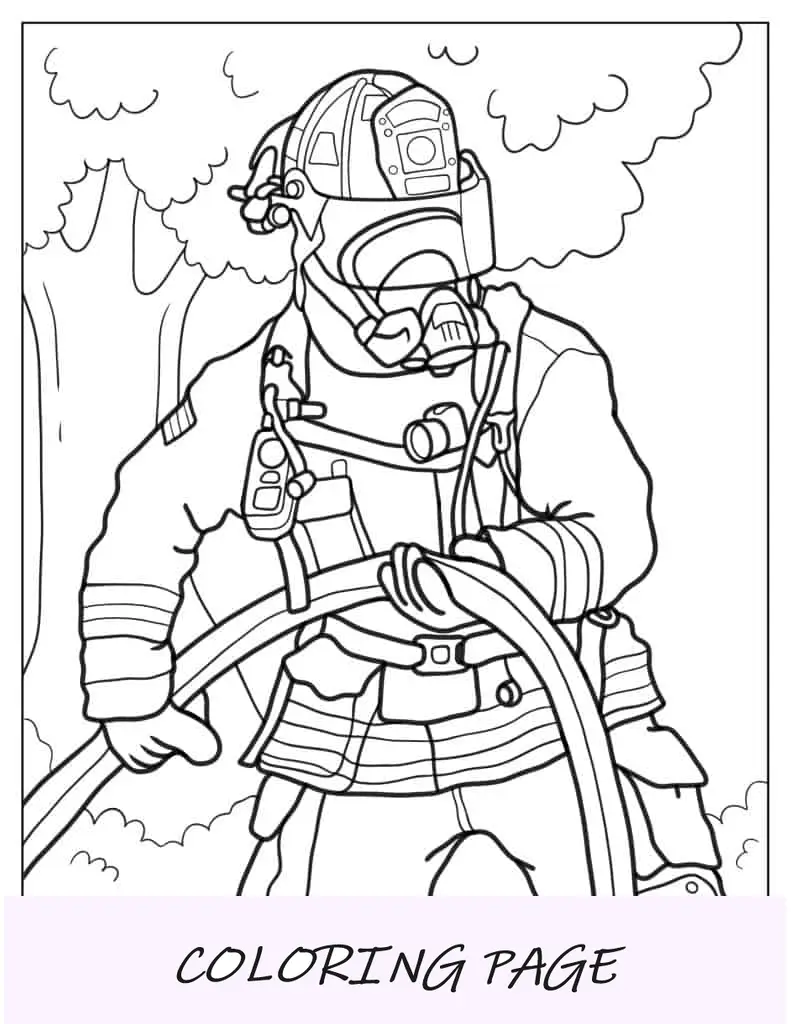 Página para colorir de bombeiro com equipamento completo