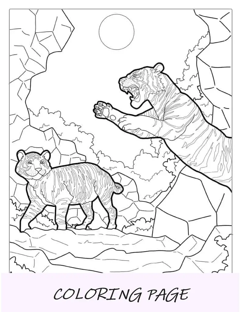 Pagina da colorare tigre che salta con il cucciolo