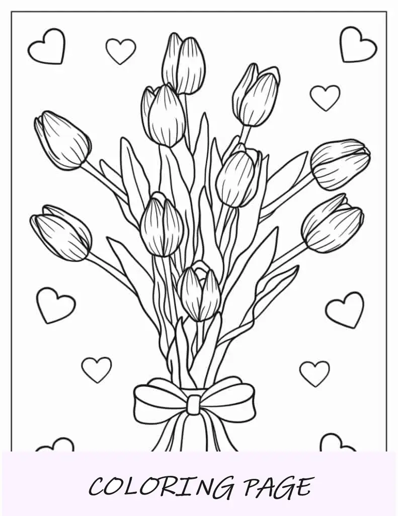 Tulpen mit Liebesherzen zum Ausmalen