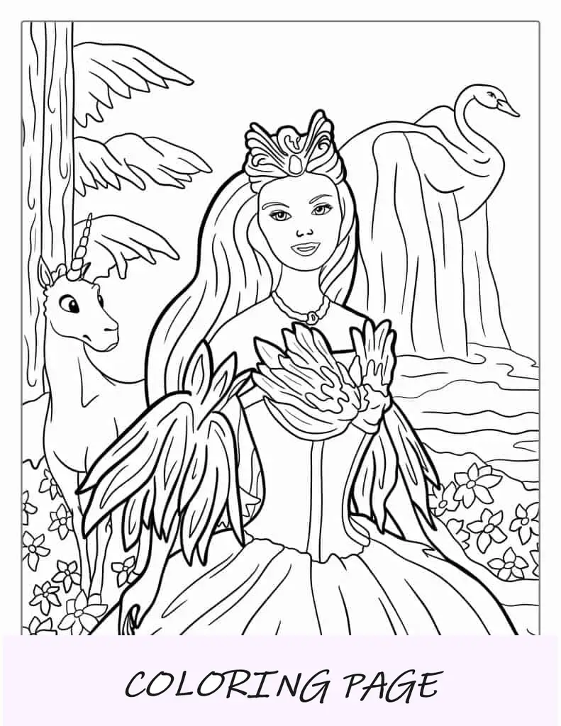 Folha para colorir Princesa Cisne Barbie com Unicórnio