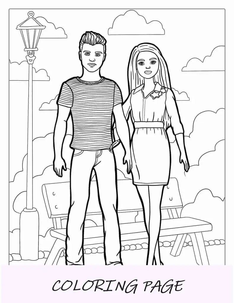 Barbie e Ken caminhando no parque para colorir