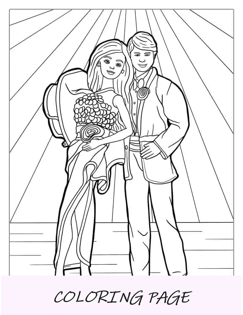 Folha para colorir Barbie e Ken dançando