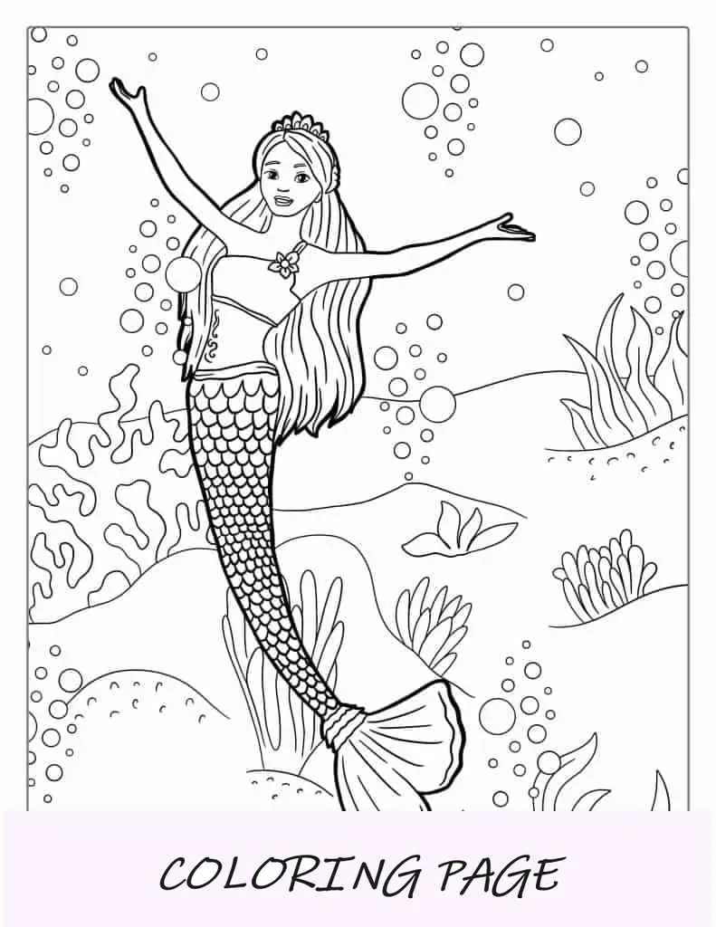 Folha para colorir da sereia Barbie para crianças