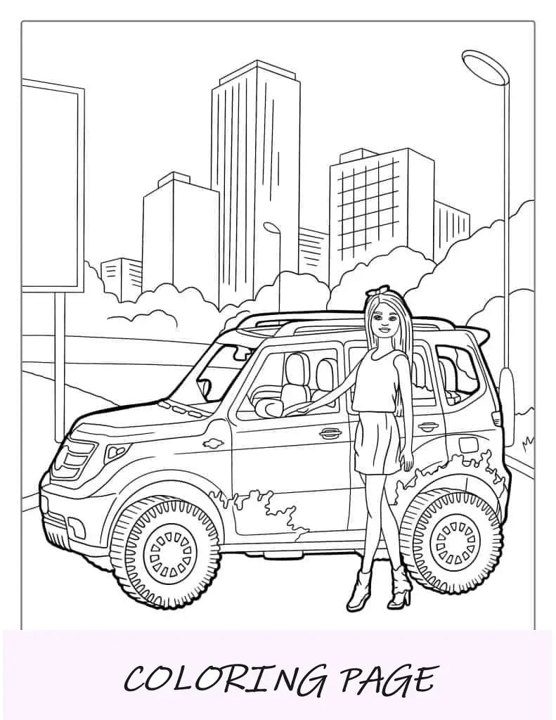 Barbie e seu carro Jeep para colorir