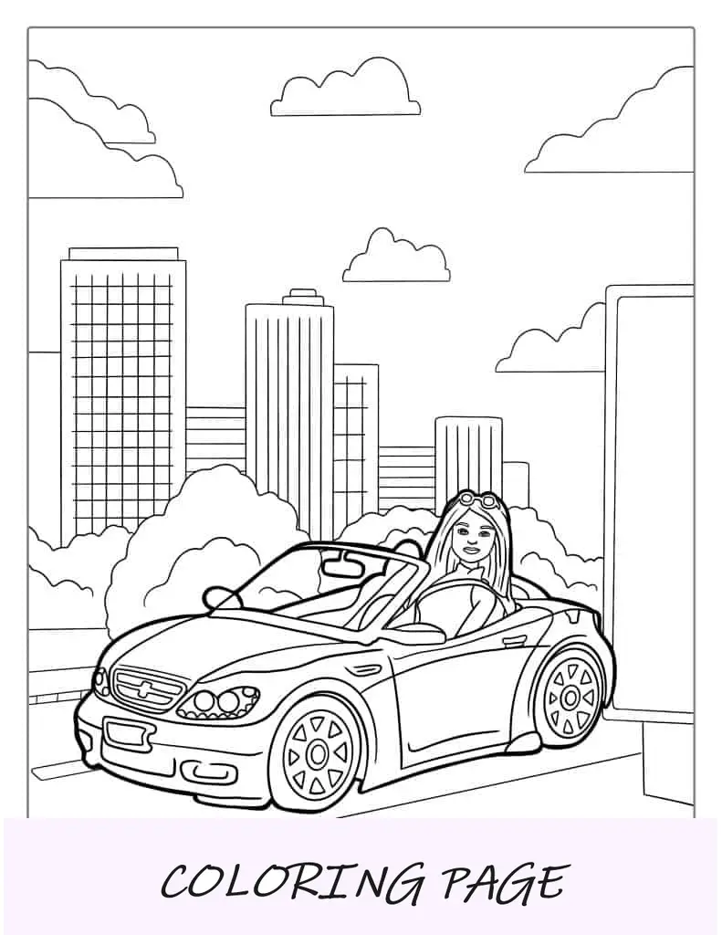 Folha para colorir do carro da Barbie