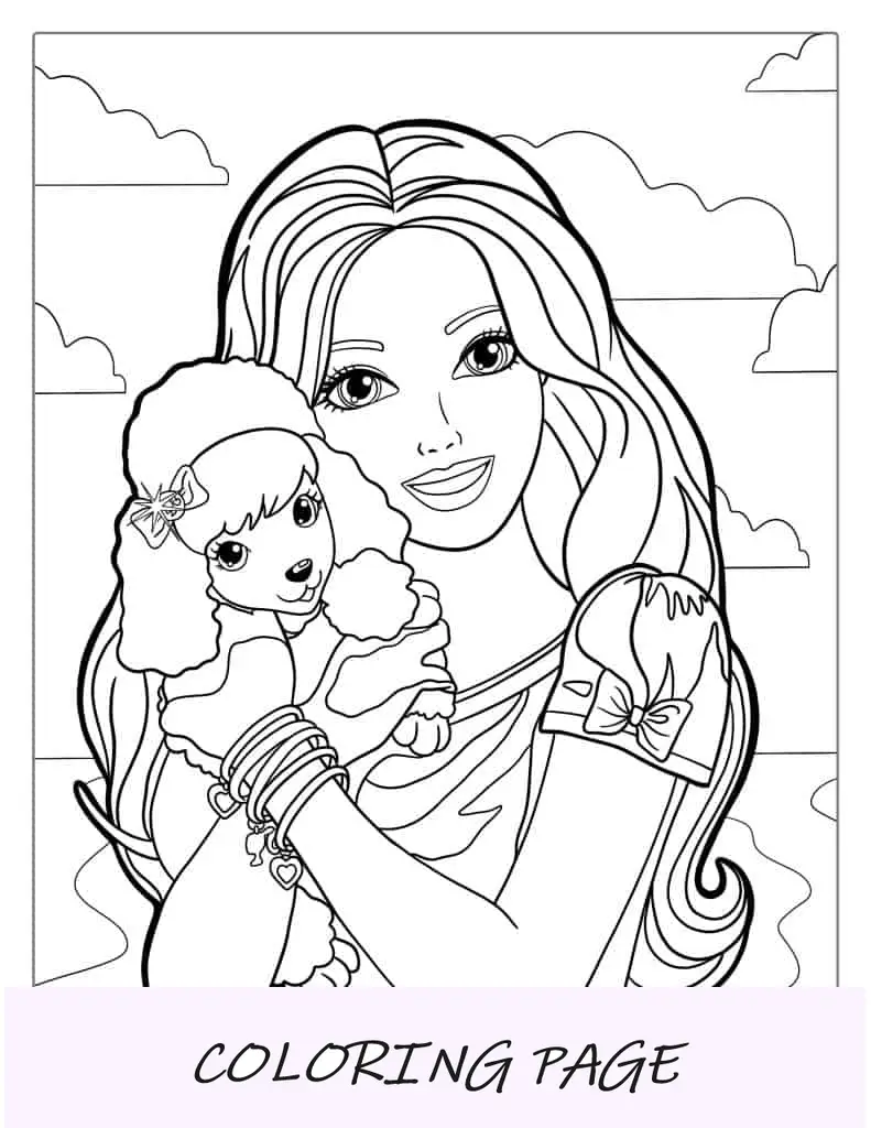 Barbie segurando cachorro poodle para colorir