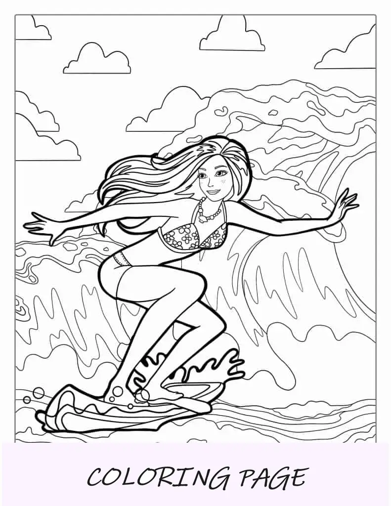 Barbie surfista na praia para colorir