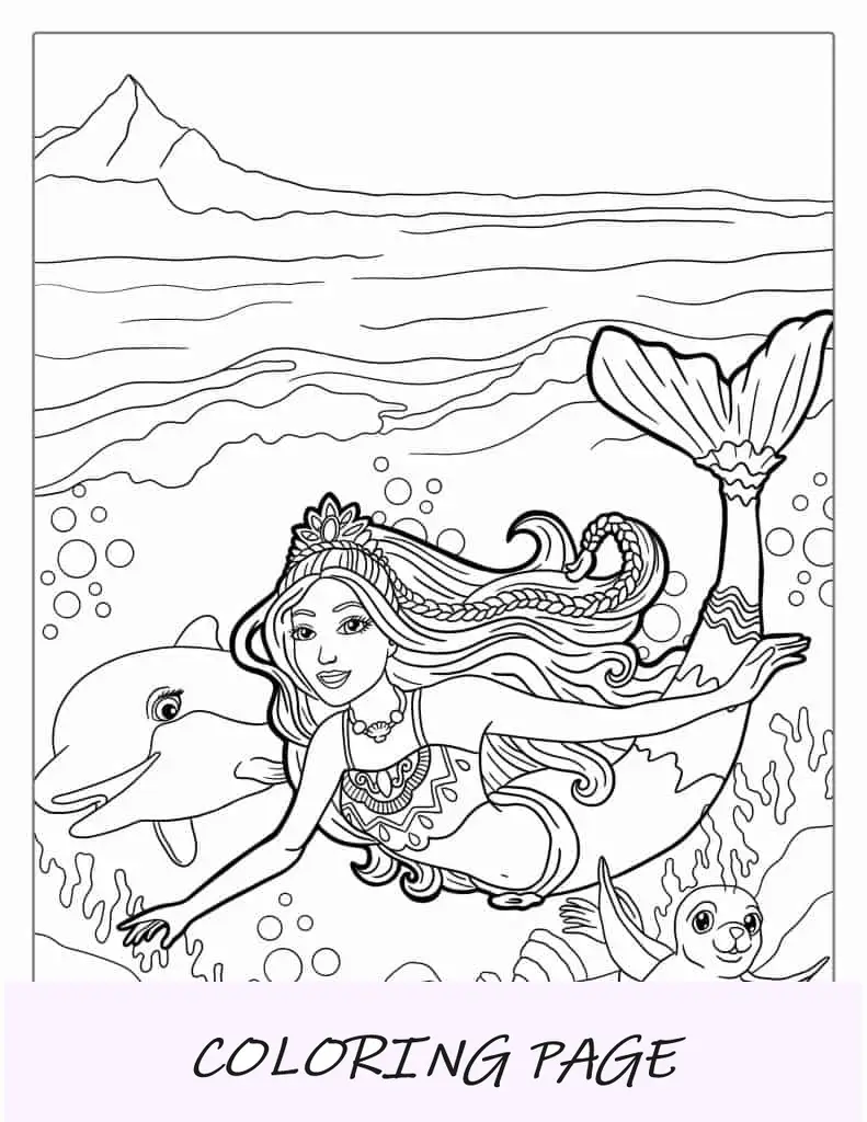 Barbie sereia nadando com golfinho para colorir