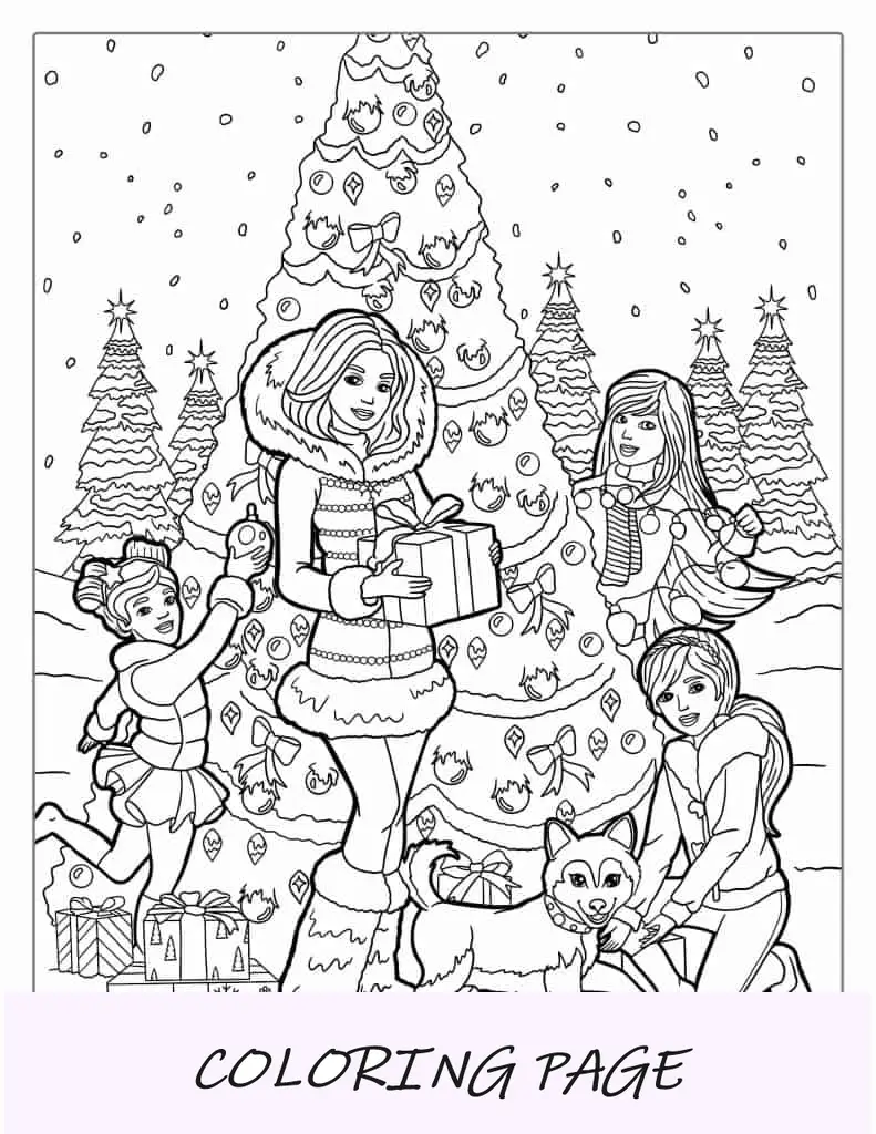 Página para colorir da Barbie com tema de Natal