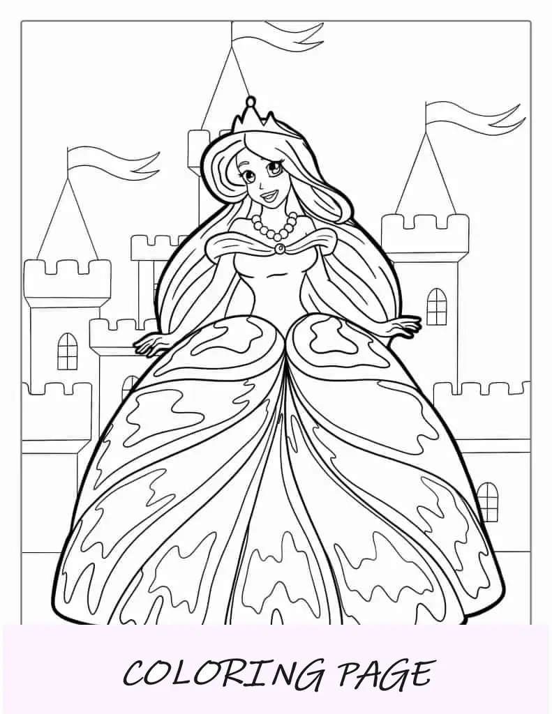 Princesa Barbie em frente ao castelo para colorir