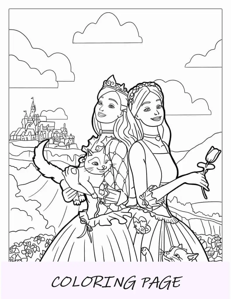 Folha para colorir Princesa Barbies com gatos