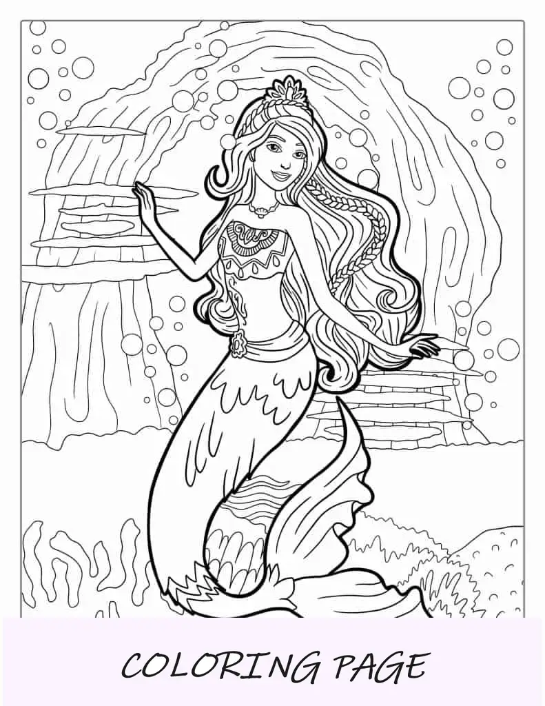 Folha para colorir da Barbie sereia no oceano
