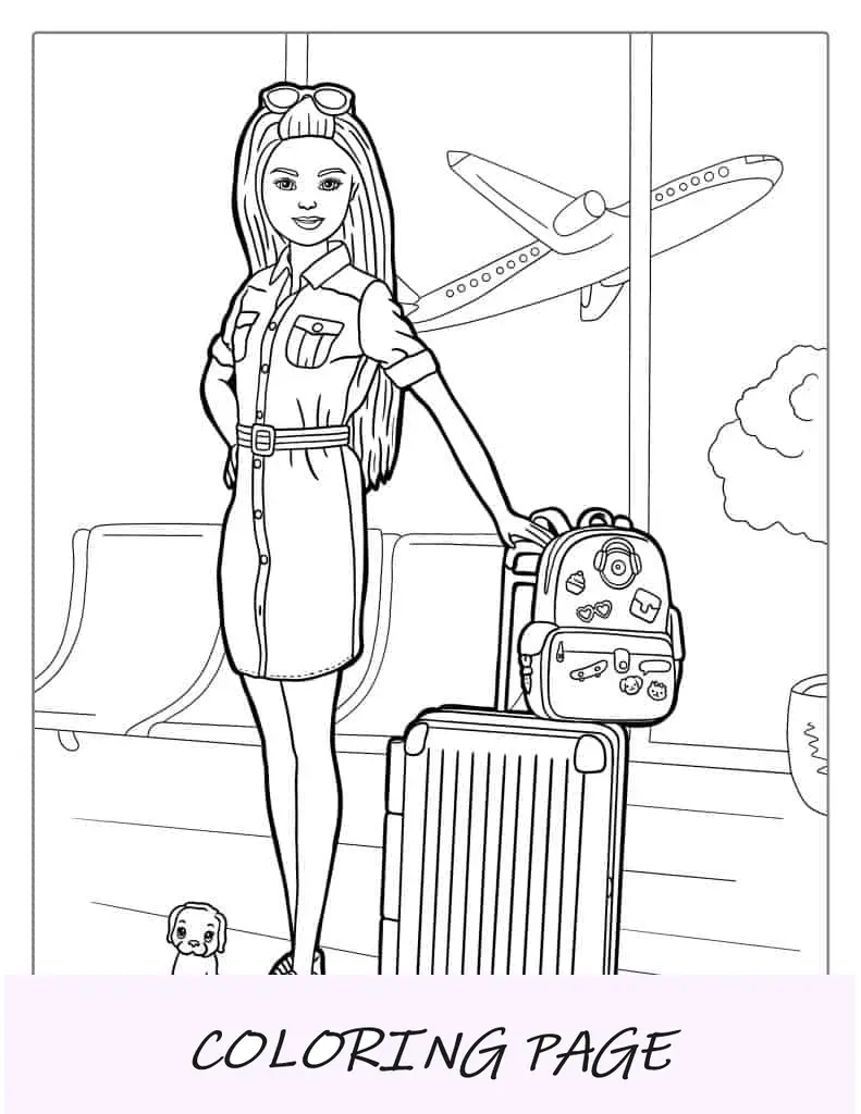 Barbie viajando no aeroporto para colorir