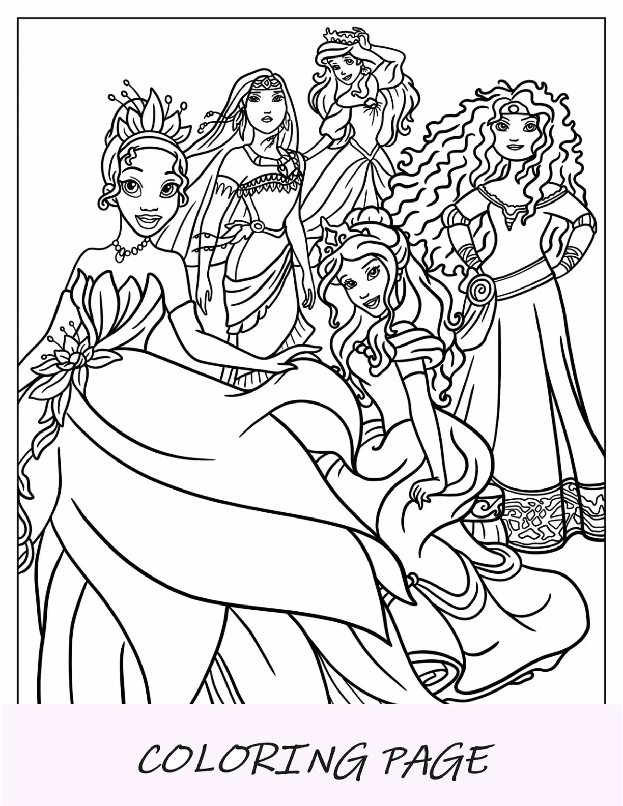 Página para colorir das princesas da Disney com Ariel, Pocahontas, Tiana, Bell e Merida