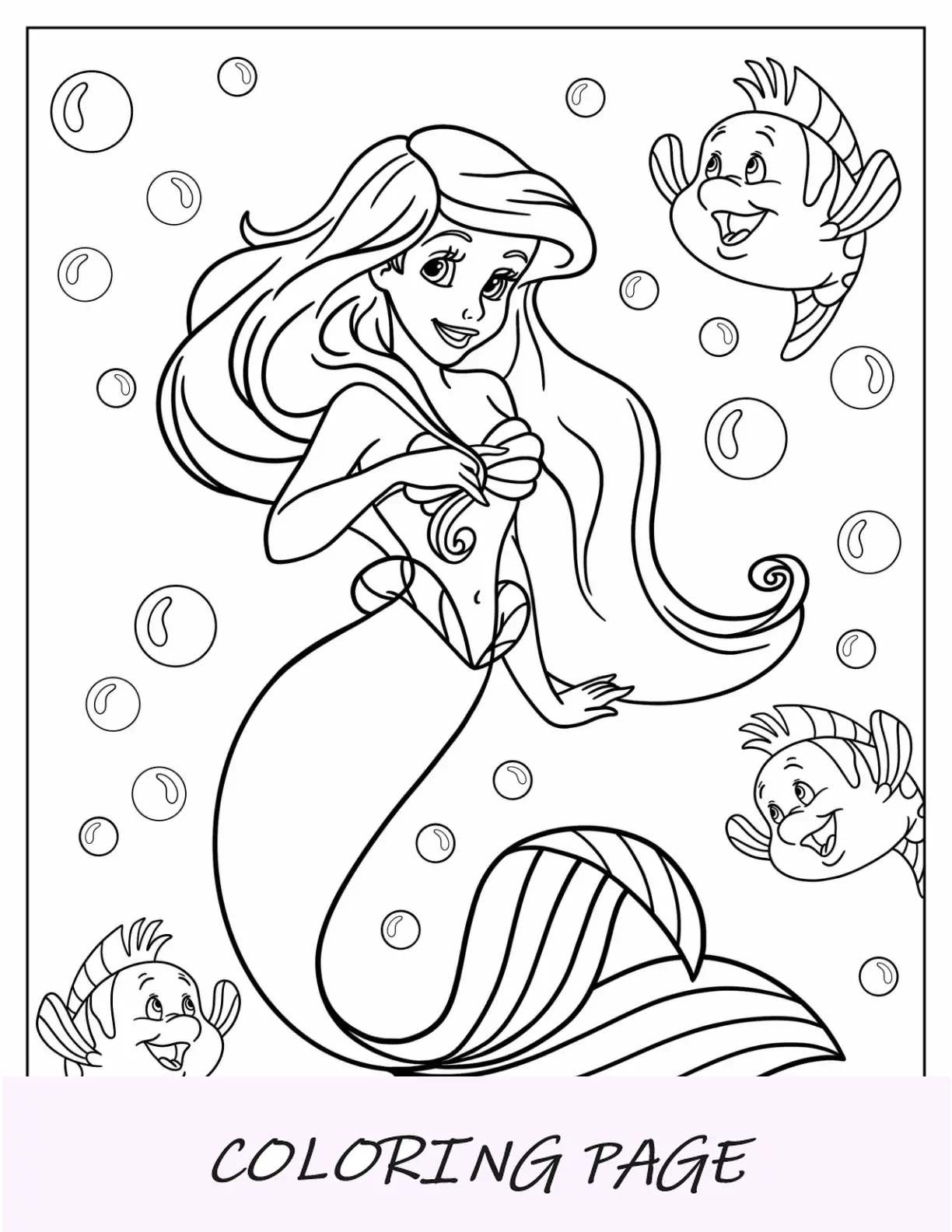 Página para colorir da princesa da Disney de Ariel no mar com linguados