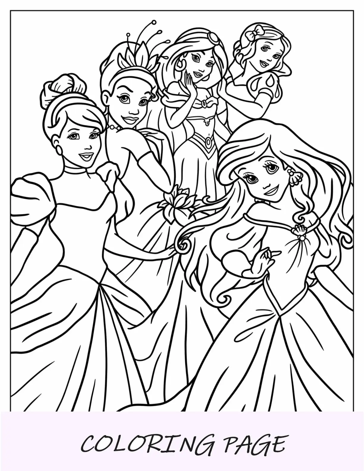 Página para colorir das princesas da Disney com Branca de Neve, Jasmim, Tiana, Cinderela e Ariel