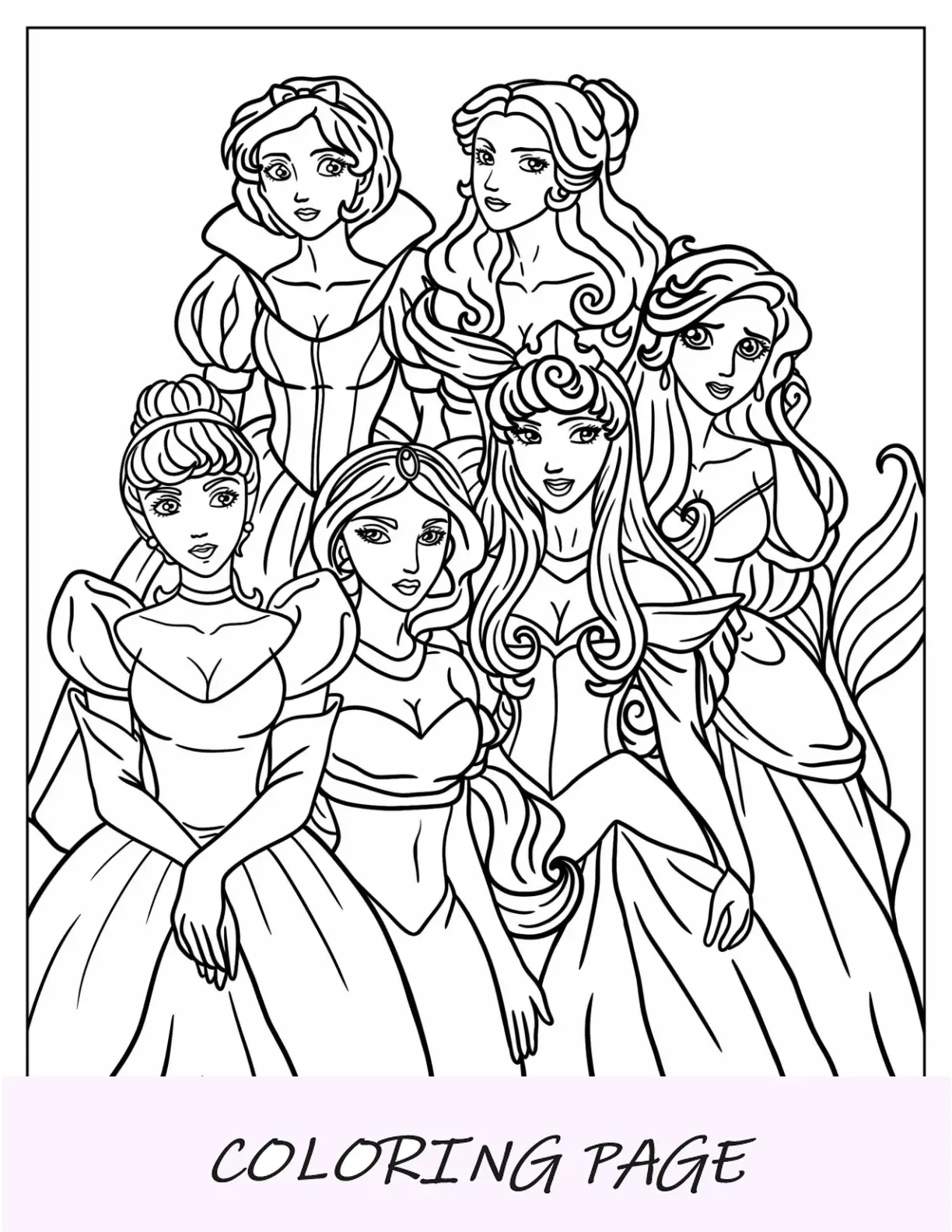 Página para colorir de princesas da Disney com branca de neve realista, Bela, Cinderela, Jasmim, Aurora e Bela