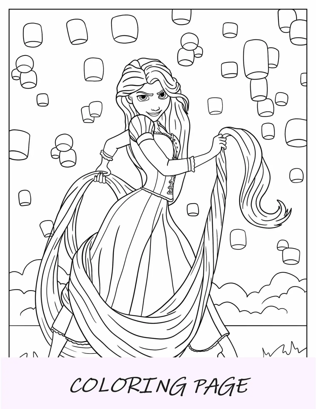 Página para colorir da princesa da Disney de Rapunzel em pose icônica