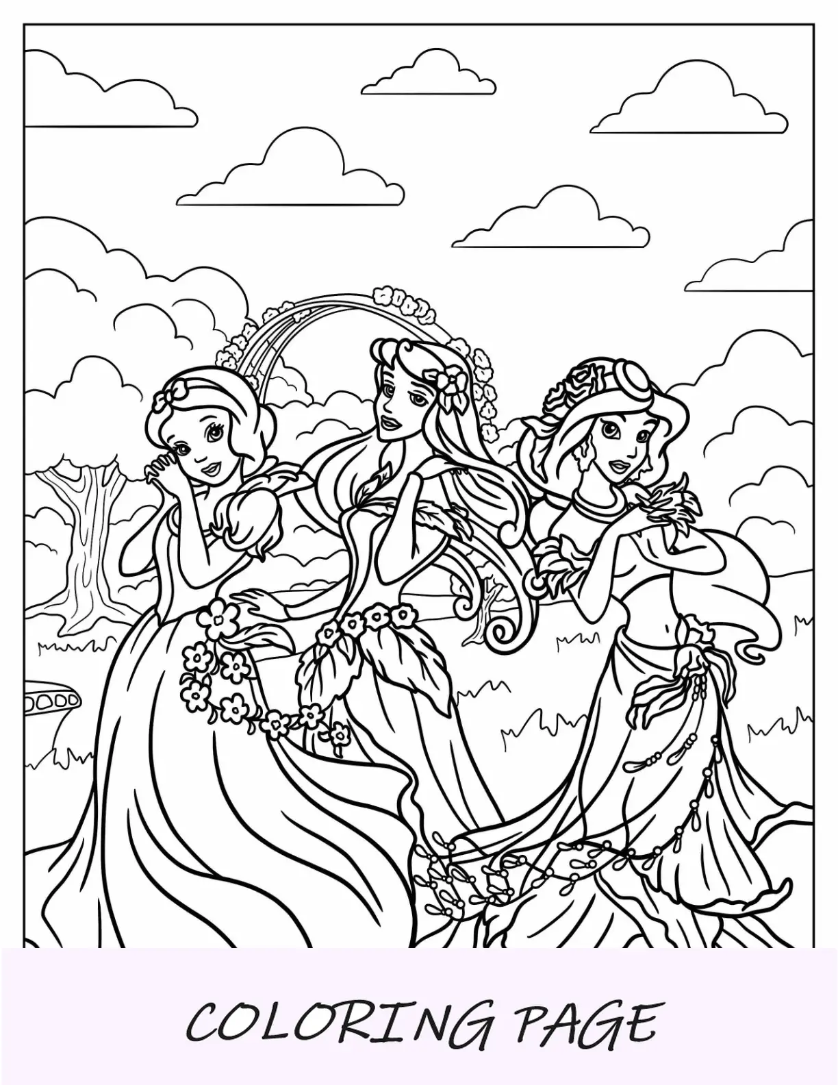 Página para colorir da princesa da Disney com branca de neve, Aurora e jasmim rodeada de flores
