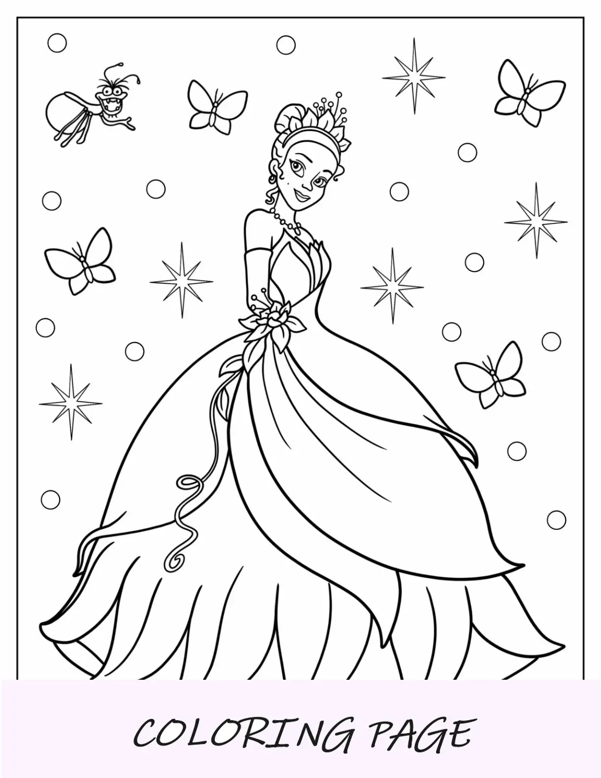 Página para colorir da princesa da Disney, Tiana, cercada por insetos