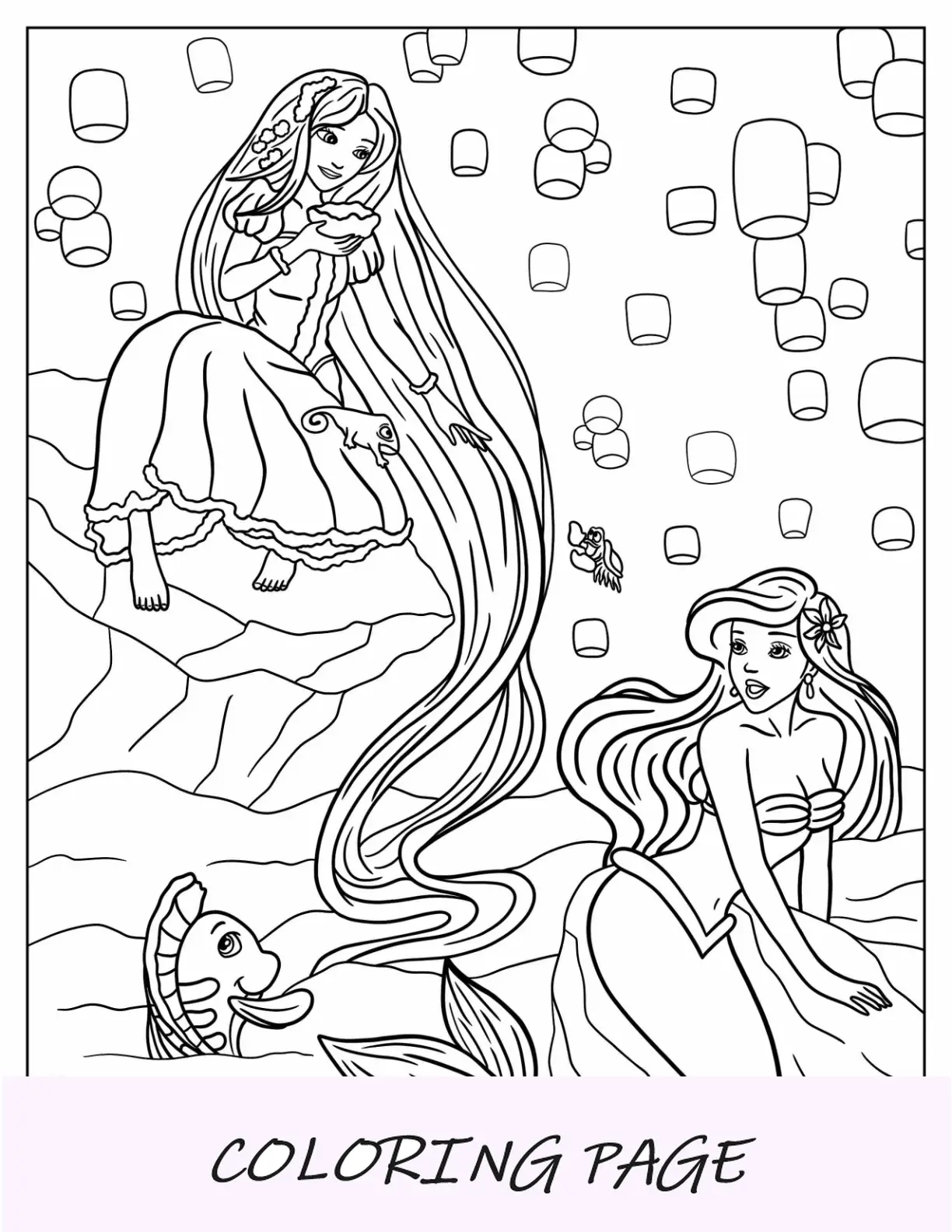 Página para colorir das princesas da Disney de Rapunzel e Ariel