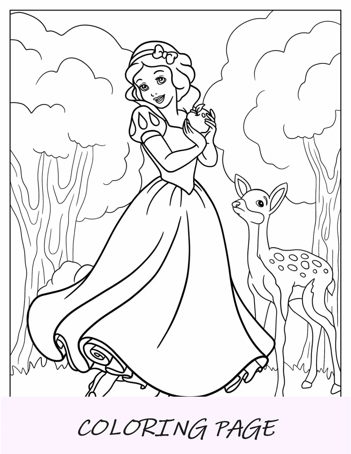 Página para colorir da princesa da Disney com Branca de Neve cantando na floresta