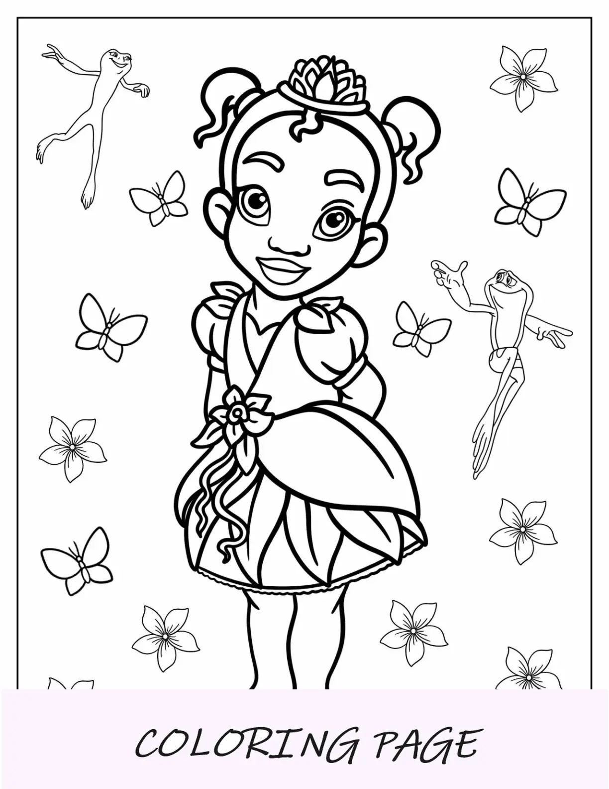 Página para colorir da princesa da Disney da pequena Tiana